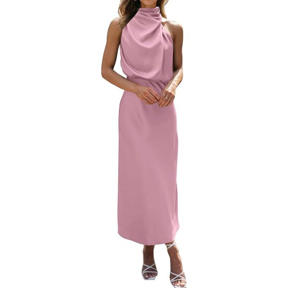 Dresses & Skirts - Women's Dusty Pink Cocktail Dress for Satin Silk Sleeveless High Waist Maxi